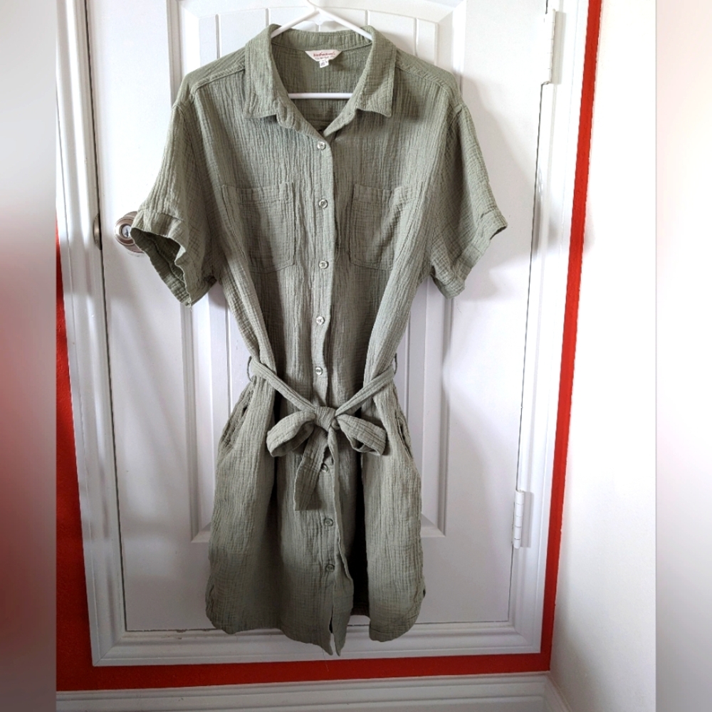 Weatherproof MossGreen Womens Gauze Button Down Short Sleeve Dress, Size L